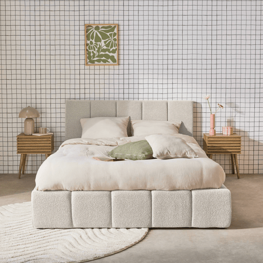 Cama baú com estrado de ripas e cabeceira 160cm, acabado em boucle, Lex, Branco, 220x175x91 cm