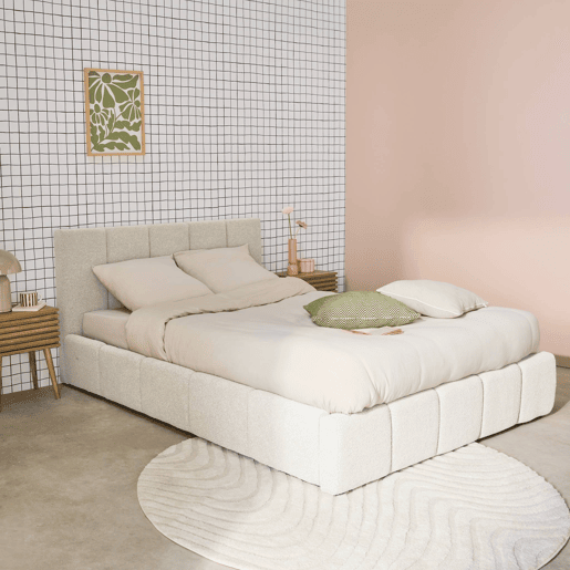 Cama baú com estrado de ripas e cabeceira 160cm, acabado em boucle, Lex, Branco, 220x175x91 cm