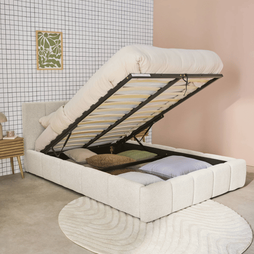 Cama baú com estrado de ripas e cabeceira 160cm, acabado em boucle, Lex, Branco, 220x175x91 cm