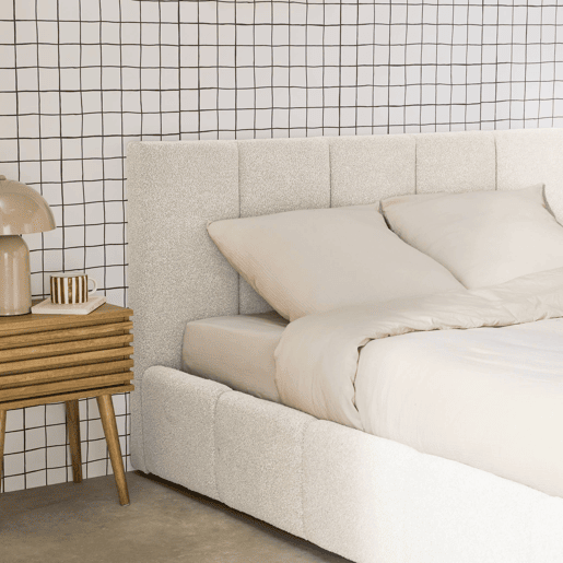 Cama baú com estrado de ripas e cabeceira 160cm, acabado em boucle, Lex, Branco, 220x175x91 cm