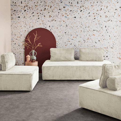 Sofá modular em tecido veludo cotelê de 4 lugares, Lao, Creme, 180x90x78 cm