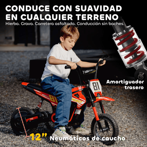 AIYAPLAY Mota Elétrica para Crianças 24V Mota Elétrica Infantil com Motor 250W Velocidade de 6-16kmh Rodas de Ø30,5 cm e Suspensão Traseira para Crianças de 8-12 Anos 119x64x76,5 cm Vermelho