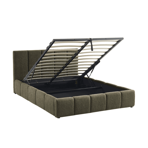 Cama baú com estrado de ripas e cabeceira 140cm, acabamento boucle, Lex, Verde caqui, 211x155x91 cm