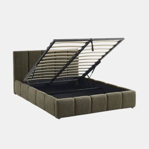 Cama baú com estrado de ripas e cabeceira 140cm, acabamento boucle, Lex, Verde caqui, 211x155x91 cm
