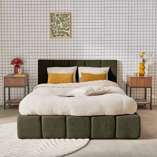 Cama baú com estrado de ripas e cabeceira 140cm, acabamento boucle, Lex, Verde caqui, 211x155x91 cm