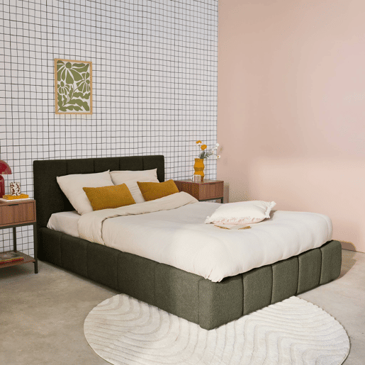 Cama baú com estrado de ripas e cabeceira 140cm, acabamento boucle, Lex, Verde caqui, 211x155x91 cm