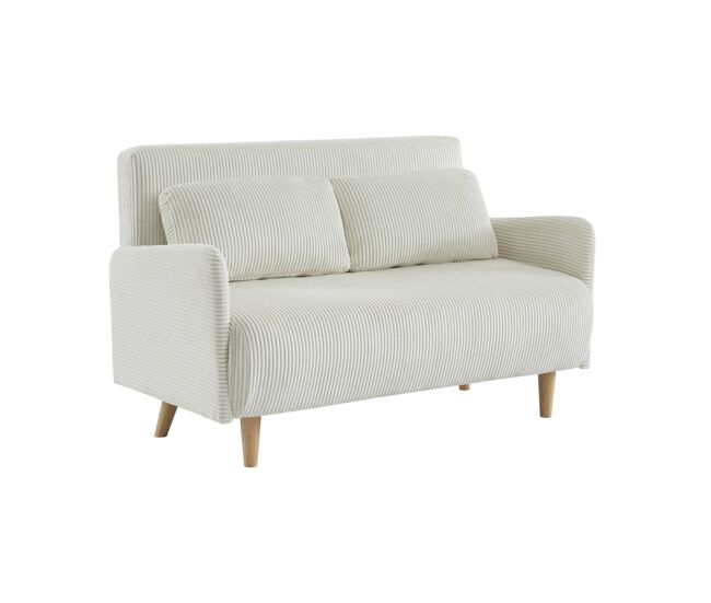 Sofá cama de pana con patas de madera, 2 plazas, panam pana, blanco, 131x75x81 cm