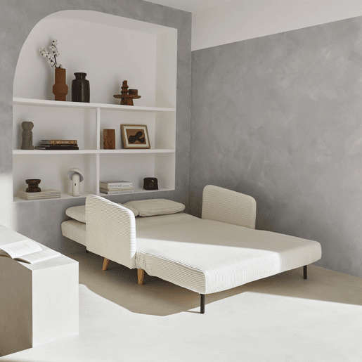 Sofá-cama em veludo canelado com pernas de madeira de 2 lugares, Panam veludo canelado grosso, Branco, 131x75x81 cm