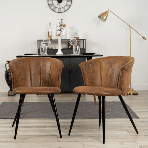 Conjunto de 2 Cadeiras de Jantar com Encosto Envolvente, Assento Acolchoado em Couro Sintético Marrom Vintage, Pés Metálicos com Niveladores, Altura 74,5 cm e Assento 47 cm, Estilo Industrial para Cozinha e Sala