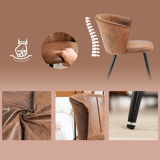 Conjunto de 2 Cadeiras de Jantar com Encosto Envolvente, Assento Acolchoado em Couro Sintético Marrom Vintage, Pés Metálicos com Niveladores, Altura 74,5 cm e Assento 47 cm, Estilo Industrial para Cozinha e Sala