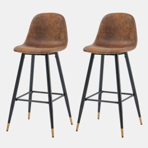 Conjunto De 2 Cadeiras Altas De Bar Com Encosto Ergonômico E Assento Estofado Em Couro Sintético Marrom Vintage, Pés Metálicos Com Detalhe Dourado E Apoio Para Pés, Altura Total 103,5 Cm, Ideais Para Cozinha, Sala De Jantar Ou Ilha
