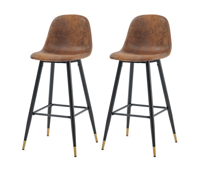 Juego de 2 sillas altas de barra con respaldo ergonómico y asiento tapizado en polipiel marrón vintage, patas metálicas con detalle dorado y