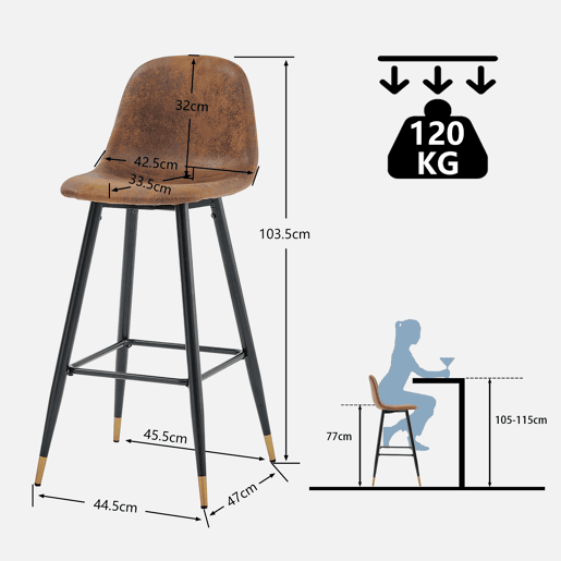 Conjunto De 2 Cadeiras Altas De Bar Com Encosto Ergonômico E Assento Estofado Em Couro Sintético Marrom Vintage, Pés Metálicos Com Detalhe Dourado E Apoio Para Pés, Altura Total 103,5 Cm, Ideais Para Cozinha, Sala De Jantar Ou Ilha