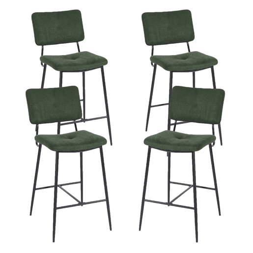 Conjunto De 4 Bancos Altos De Bar Com Encosto E Assento Acolchoado Em Tecido Verde, Estrutura Metálica Preta Com Apoio Para Pés, Estilo Moderno Industrial, Altura Do Assento 69 Cm, Ideais Para Cozinha, Ilha E Sala De Jantar