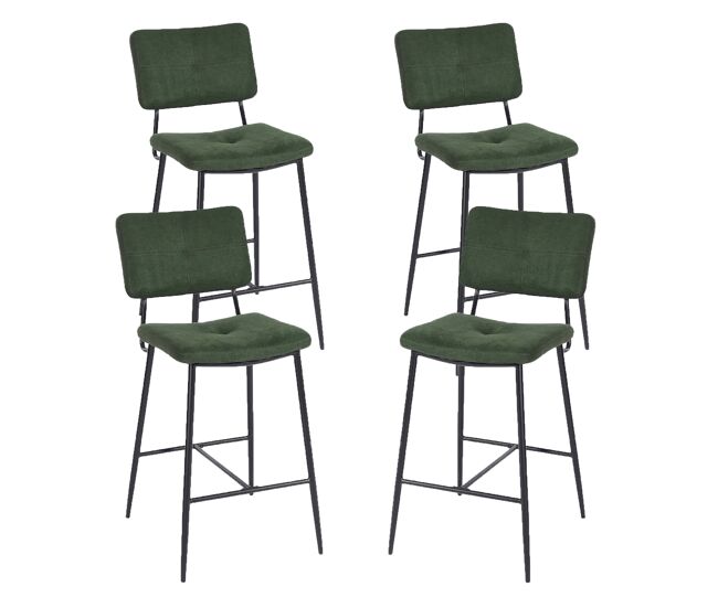 Juego de 4 taburetes de barra con respaldo y asiento acolchado en tela verde, estructura metálica negra con reposapiés, estilo moderno industrial,