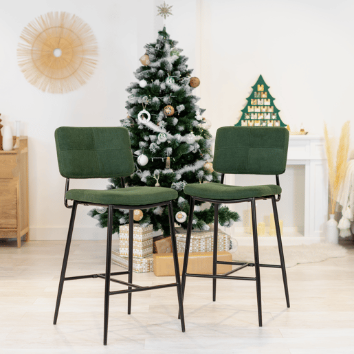 Conjunto De 4 Bancos Altos De Bar Com Encosto E Assento Acolchoado Em Tecido Verde, Estrutura Metálica Preta Com Apoio Para Pés, Estilo Moderno Industrial, Altura Do Assento 69 Cm, Ideais Para Cozinha, Ilha E Sala De Jantar