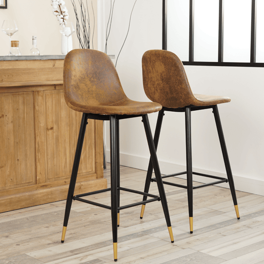 Conjunto De 4 Cadeiras Altas De Bar Com Encosto Ergonômico Em Couro Sintético Marrom Vintage, Pés Metálicos Com Detalhe Dourado E Apoio Para Pés, Ideais Para Cozinha, Ilha E Sala De Jantar
