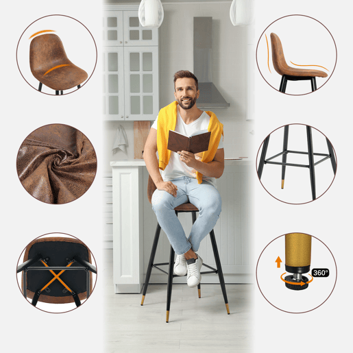 Conjunto De 4 Cadeiras Altas De Bar Com Encosto Ergonômico Em Couro Sintético Marrom Vintage, Pés Metálicos Com Detalhe Dourado E Apoio Para Pés, Ideais Para Cozinha, Ilha E Sala De Jantar