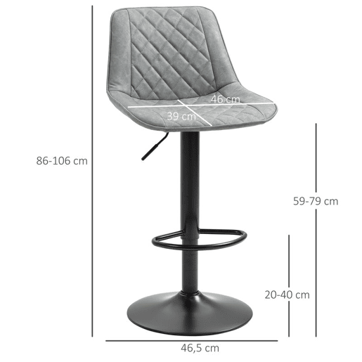 HOMCOM Conjunto de Bancos de Bar Estofados em PU Bancos Altos de Sala de Jantar com Altura Ajustável Assento Giratório e Apoio para os Pés Carga Máxima 120kg 46,5x51x86-106 cm Cinzento