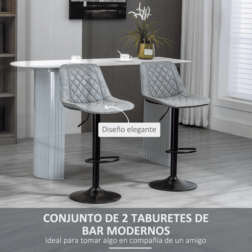 HOMCOM Conjunto de Bancos de Bar Estofados em PU Bancos Altos de Sala de Jantar com Altura Ajustável Assento Giratório e Apoio para os Pés Carga Máxima 120kg 46,5x51x86-106 cm Cinzento