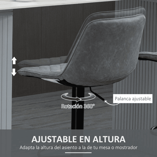HOMCOM Conjunto de Bancos de Bar Estofados em PU Bancos Altos de Sala de Jantar com Altura Ajustável Assento Giratório e Apoio para os Pés Carga Máxima 120kg 46,5x51x86-106 cm Cinzento