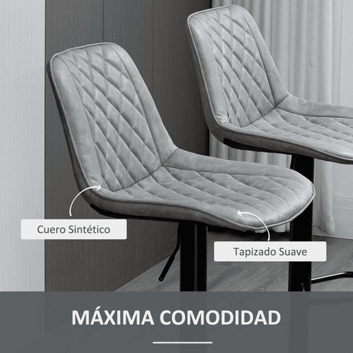 HOMCOM Conjunto de Bancos de Bar Estofados em PU Bancos Altos de Sala de Jantar com Altura Ajustável Assento Giratório e Apoio para os Pés Carga Máxima 120kg 46,5x51x86-106 cm Cinzento