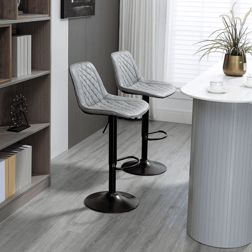 HOMCOM Conjunto de Bancos de Bar Estofados em PU Bancos Altos de Sala de Jantar com Altura Ajustável Assento Giratório e Apoio para os Pés Carga Máxima 120kg 46,5x51x86-106 cm Cinzento