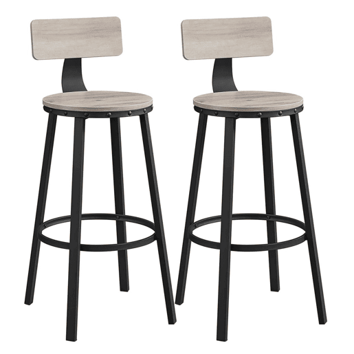 Conjunto de 2 cadeiras de bar bancos altos com encosto assento de cozinha estrutura de aço assento de fácil montagem 73 cm de altura estilo industrial cinza e preto 12_0002533