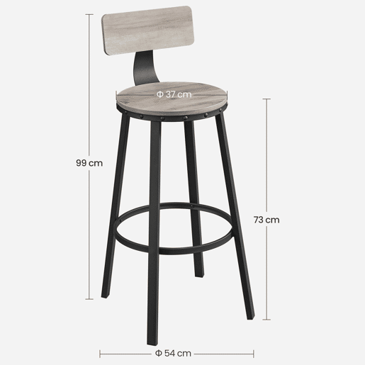 Conjunto de 2 cadeiras de bar bancos altos com encosto assento de cozinha estrutura de aço assento de fácil montagem 73 cm de altura estilo industrial cinza e preto 12_0002533