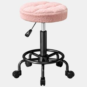 HOMCOM Banco Giratório Redondo Banco com Rodas Altura Regulável 50-66 cm Assento Estofado em Tecido tipo Borreguito para Salões Oficinas Spa Massagem Rosa