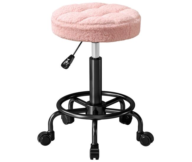 Homcom taburete giratorio redondo taburete con ruedas altura regulable 50-66 cm asiento tapizado en tejido de borreguito para salones talleres spa masaje rosa