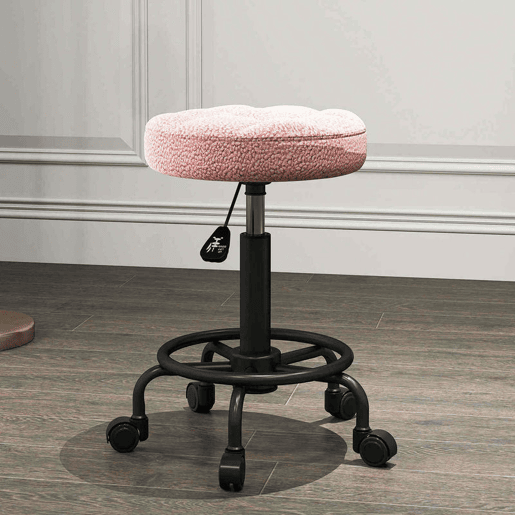 HOMCOM Banco Giratório Redondo Banco com Rodas Altura Regulável 50-66 cm Assento Estofado em Tecido tipo Borreguito para Salões Oficinas Spa Massagem Rosa