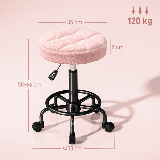 HOMCOM Banco Giratório Redondo Banco com Rodas Altura Regulável 50-66 cm Assento Estofado em Tecido tipo Borreguito para Salões Oficinas Spa Massagem Rosa