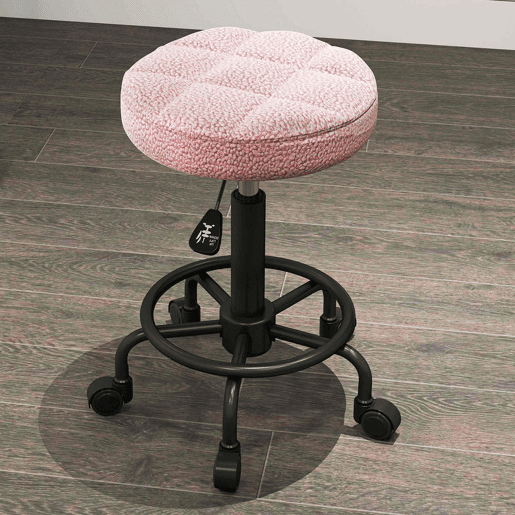 HOMCOM Banco Giratório Redondo Banco com Rodas Altura Regulável 50-66 cm Assento Estofado em Tecido tipo Borreguito para Salões Oficinas Spa Massagem Rosa