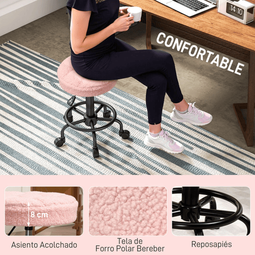 HOMCOM Banco Giratório Redondo Banco com Rodas Altura Regulável 50-66 cm Assento Estofado em Tecido tipo Borreguito para Salões Oficinas Spa Massagem Rosa