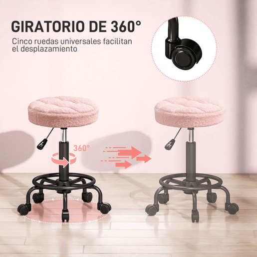 HOMCOM Banco Giratório Redondo Banco com Rodas Altura Regulável 50-66 cm Assento Estofado em Tecido tipo Borreguito para Salões Oficinas Spa Massagem Rosa