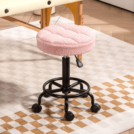 HOMCOM Banco Giratório Redondo Banco com Rodas Altura Regulável 50-66 cm Assento Estofado em Tecido tipo Borreguito para Salões Oficinas Spa Massagem Rosa