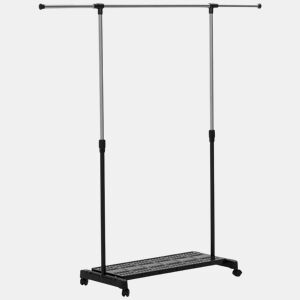 HOMCOM Charriot Extensível com Rodas Charriot de Roupa com Barra de Aço Inoxidável e Prateleira para Sapatos Altura Ajustável para Interior 94-159x42x93-168 cm Preto