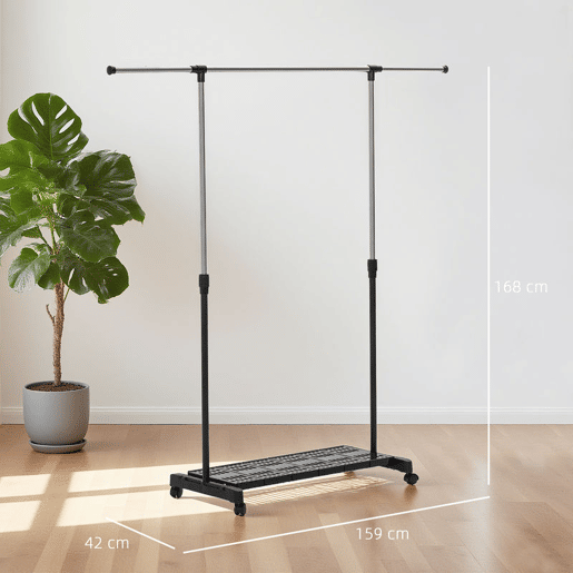 HOMCOM Charriot Extensível com Rodas Charriot de Roupa com Barra de Aço Inoxidável e Prateleira para Sapatos Altura Ajustável para Interior 94-159x42x93-168 cm Preto