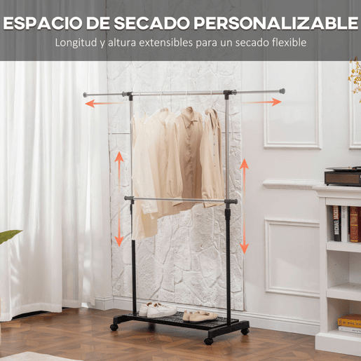 HOMCOM Charriot Extensível com Rodas Charriot de Roupa com Barra de Aço Inoxidável e Prateleira para Sapatos Altura Ajustável para Interior 94-159x42x93-168 cm Preto
