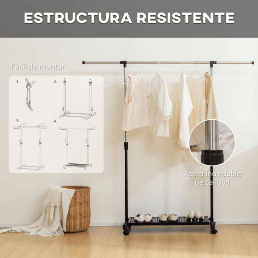 HOMCOM Charriot Extensível com Rodas Charriot de Roupa com Barra de Aço Inoxidável e Prateleira para Sapatos Altura Ajustável para Interior 94-159x42x93-168 cm Preto
