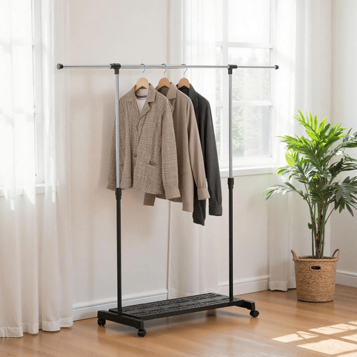 HOMCOM Charriot Extensível com Rodas Charriot de Roupa com Barra de Aço Inoxidável e Prateleira para Sapatos Altura Ajustável para Interior 94-159x42x93-168 cm Preto