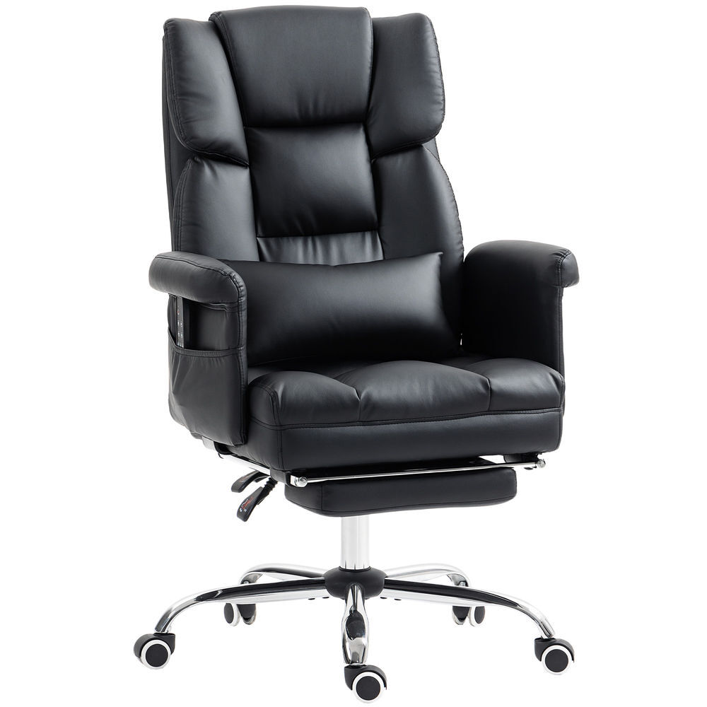 Homcom silla de oficina con 6 puntos de masaje vibratorio silla de escritorio giratoria ergonómica con reposapiés retráctil altura ajustable control remoto y soporte lumbar tejido de pu negro