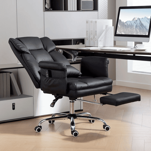 HOMCOM Cadeira de Escritório com 6 Pontos de Massagem Vibratória Cadeira Giratória Ergonómica com Apoio para Pés Retrátil Altura Ajustável Comando Remoto e Suporte Lombar Tecido de PU Preto
