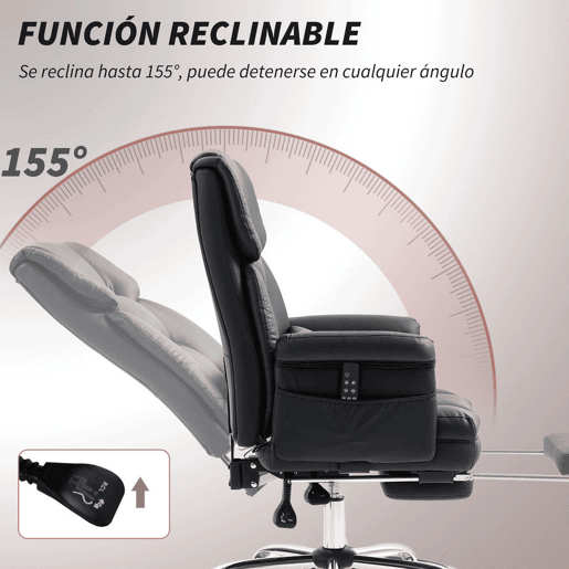 HOMCOM Cadeira de Escritório com 6 Pontos de Massagem Vibratória Cadeira Giratória Ergonómica com Apoio para Pés Retrátil Altura Ajustável Comando Remoto e Suporte Lombar Tecido de PU Preto