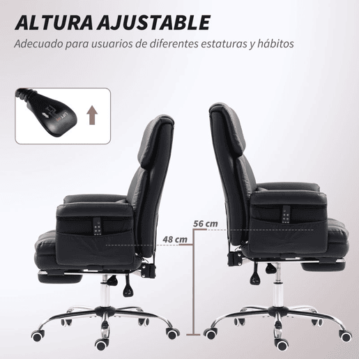 HOMCOM Cadeira de Escritório com 6 Pontos de Massagem Vibratória Cadeira Giratória Ergonómica com Apoio para Pés Retrátil Altura Ajustável Comando Remoto e Suporte Lombar Tecido de PU Preto