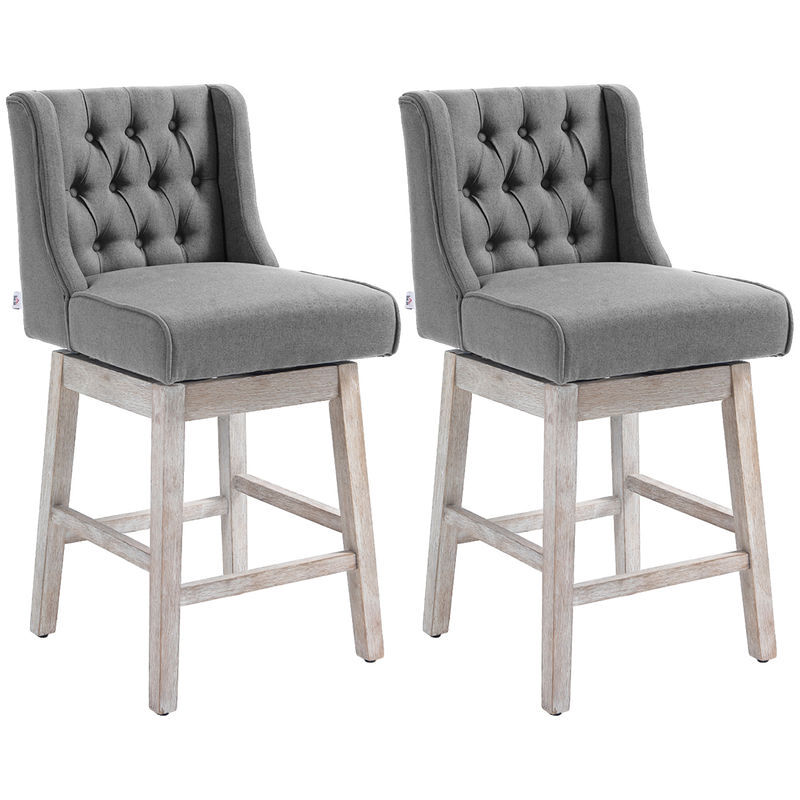 Homcom juego de 2 taburetes de bar con respaldo, giratorios 180°, taburetes altos de cocina con reposapiés, patas de madera, para salón, comedor, gris