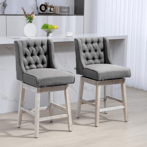 HOMCOM Conjunto de 2 Bancos de Bar com Encosto Giratórios 180° Bancos Altos de Cozinha com Apoio para Pés e Pés de Madeira para Sala de Jantar 45,7x57,2x101 cm Cinzento