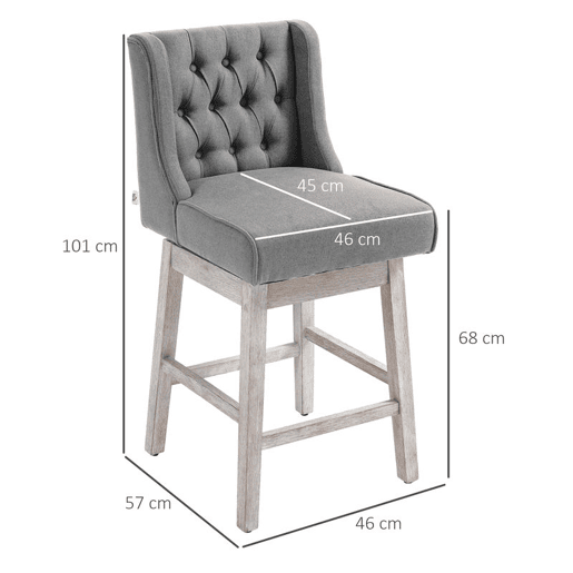 HOMCOM Conjunto de 2 Bancos de Bar com Encosto Giratórios 180° Bancos Altos de Cozinha com Apoio para Pés e Pés de Madeira para Sala de Jantar 45,7x57,2x101 cm Cinzento