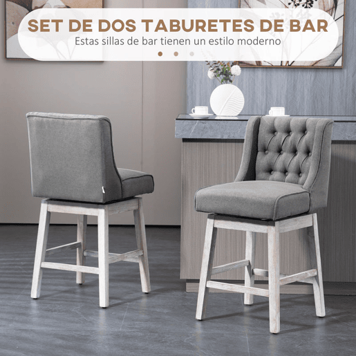 HOMCOM Conjunto de 2 Bancos de Bar com Encosto Giratórios 180° Bancos Altos de Cozinha com Apoio para Pés e Pés de Madeira para Sala de Jantar 45,7x57,2x101 cm Cinzento